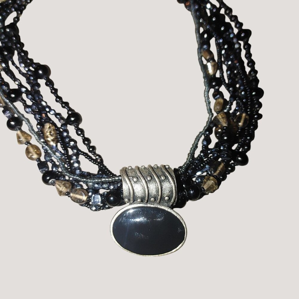 Necklace Multi-Strand Black Beaded Stone Silver Tone Accents Long Adjustable